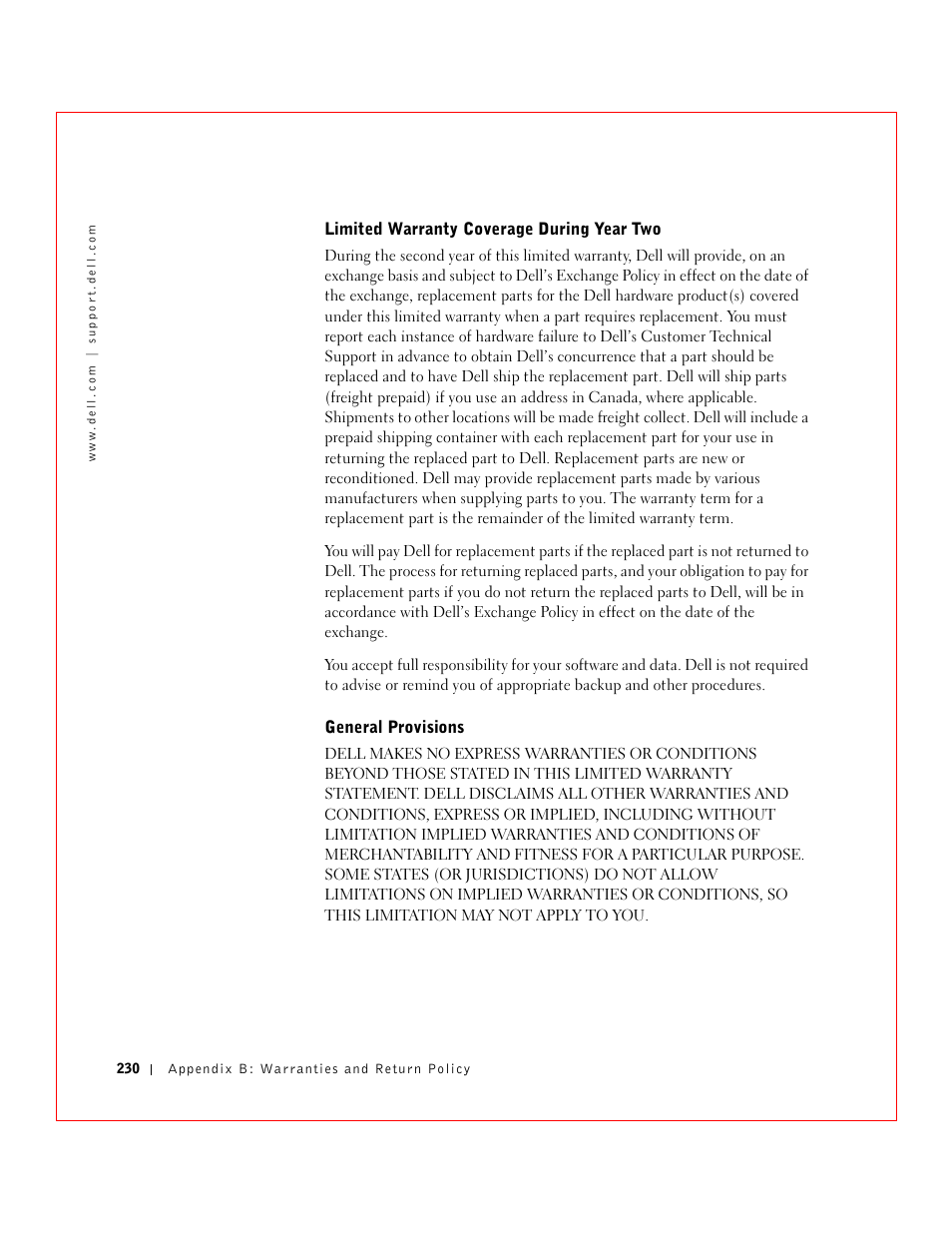 Limited warranty coverage during year two, General provisions | Dell 3 User Manual | Page 232 / 254