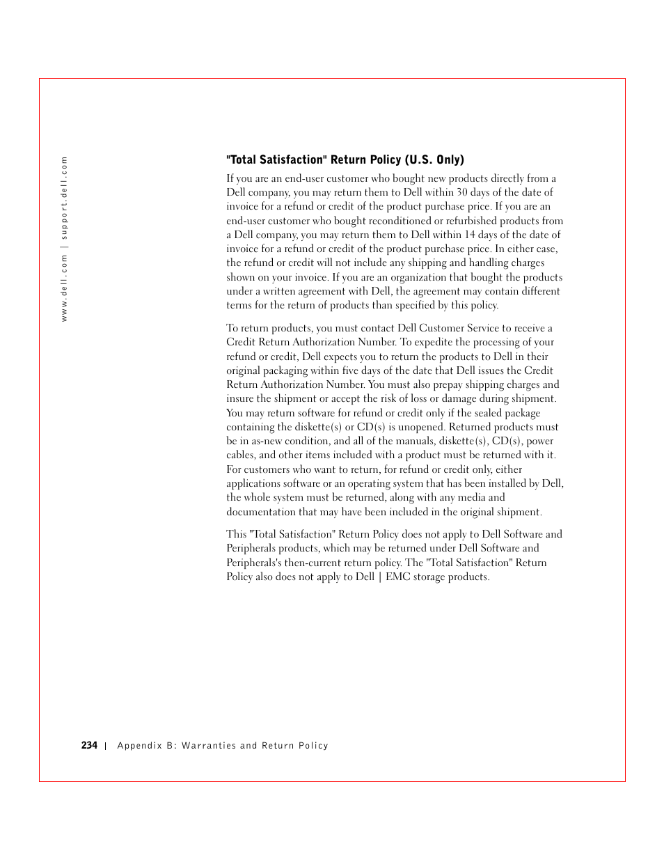 Total satisfaction" return policy (u.s. only) | Dell 3 User Manual | Page 236 / 254