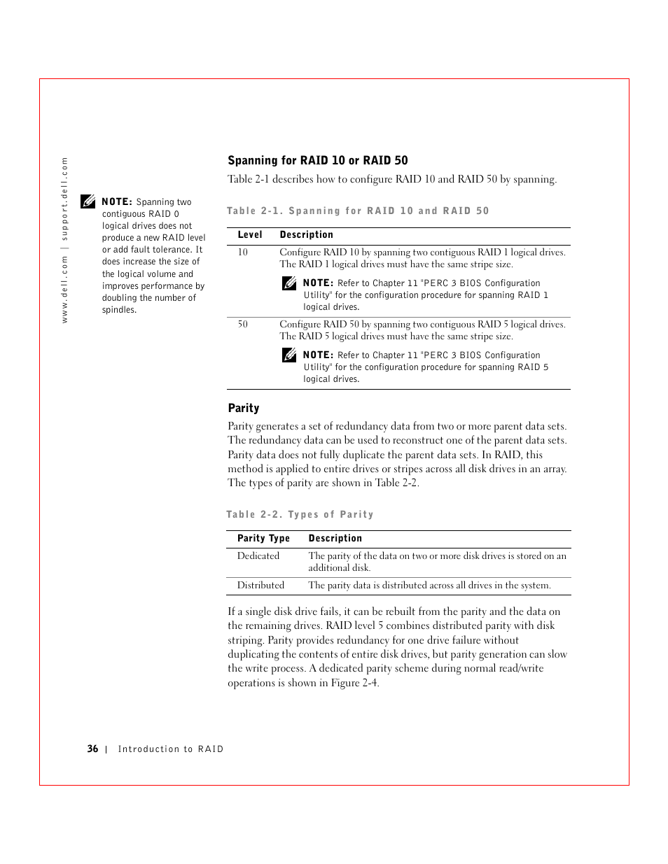 Spanning for raid 10 or raid 50, Parity | Dell 3 User Manual | Page 38 / 254