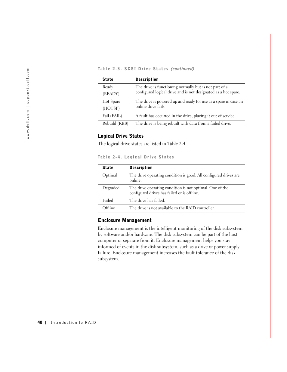 Logical drive states, Enclosure management | Dell 3 User Manual | Page 42 / 254