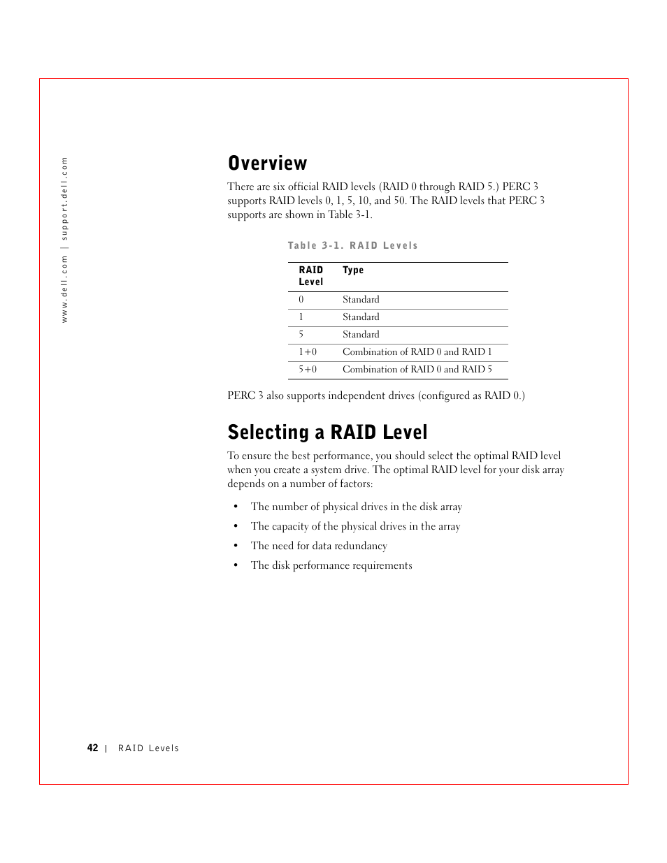 Overview, Selecting a raid level | Dell 3 User Manual | Page 44 / 254