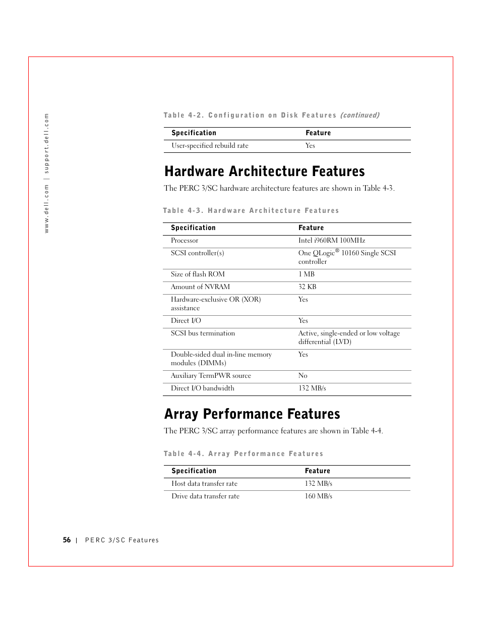 Hardware architecture features, Array performance features | Dell 3 User Manual | Page 58 / 254