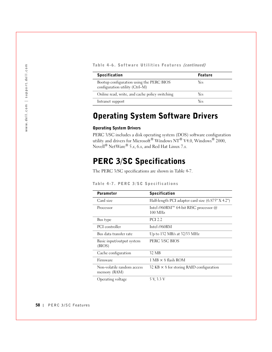 Operating system software drivers, Perc 3/sc specifications | Dell 3 User Manual | Page 60 / 254