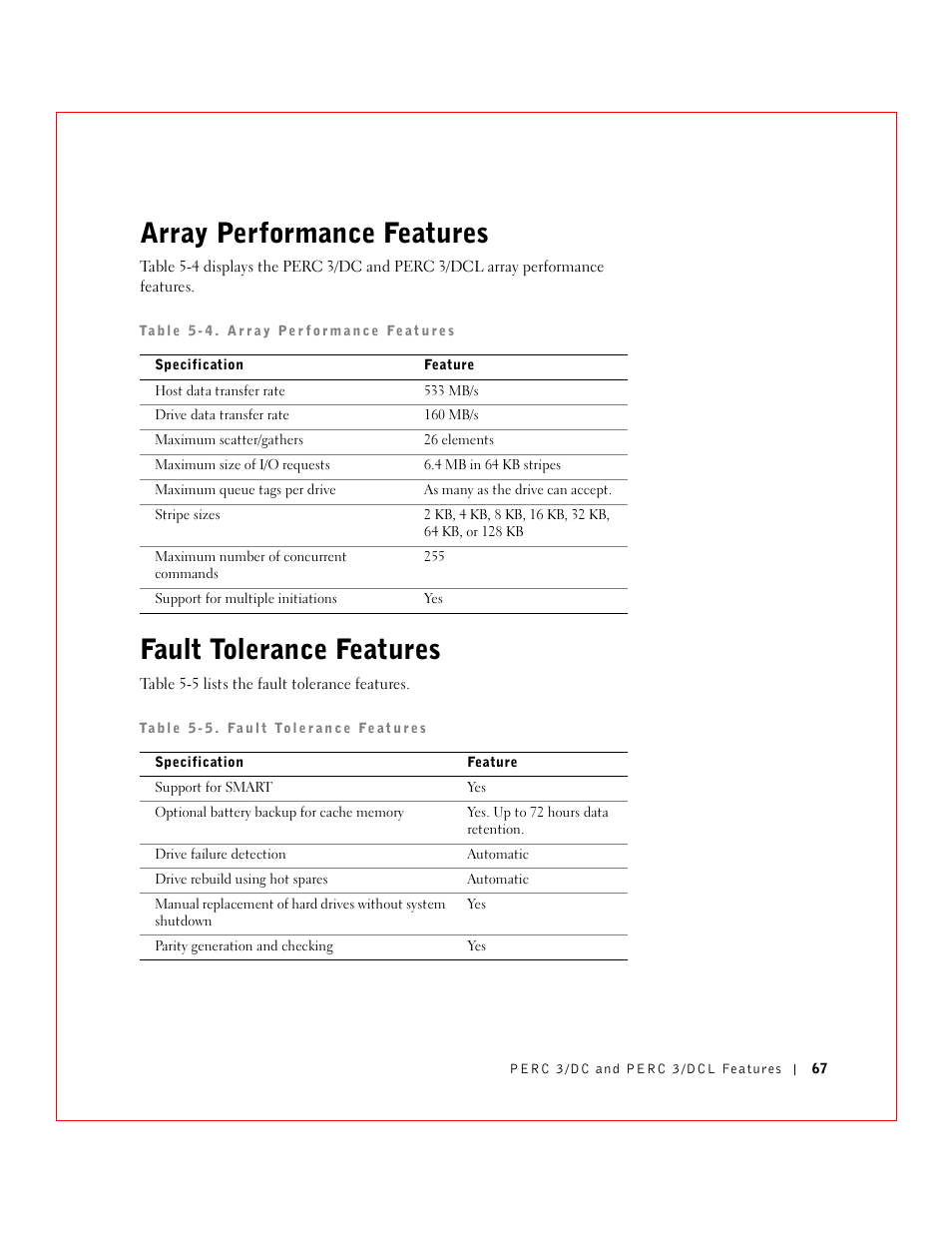 Array performance features, Fault tolerance features | Dell 3 User Manual | Page 69 / 254