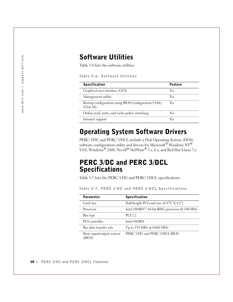 Software utilities, Operating system software drivers, Perc 3/dc and perc 3/dcl specifications | Dell 3 User Manual | Page 70 / 254