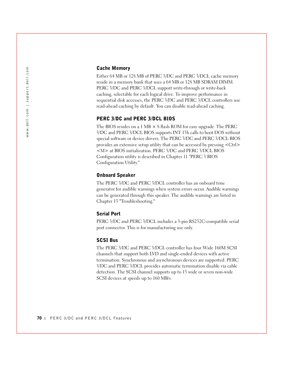 Perc 3/dc and perc 3/dcl bios, Onboard speaker, Serial port | Scsi bus | Dell 3 User Manual | Page 72 / 254