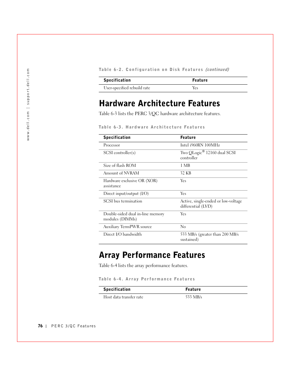 Hardware architecture features, Array performance features | Dell 3 User Manual | Page 78 / 254