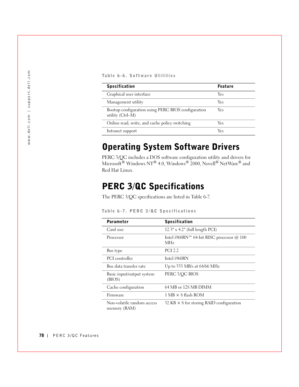 Operating system software drivers, Perc 3/qc specifications | Dell 3 User Manual | Page 80 / 254