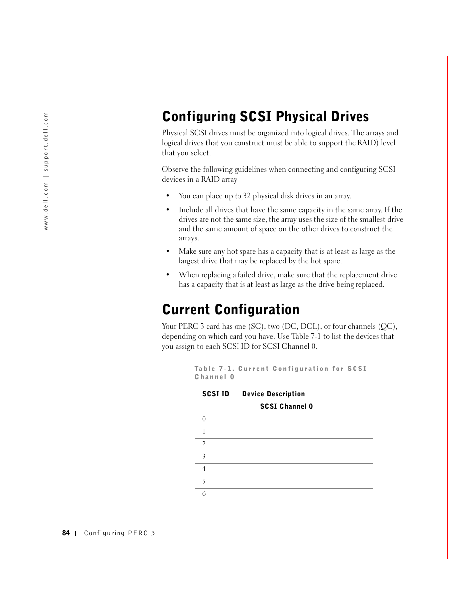 Configuring scsi physical drives, Current configuration | Dell 3 User Manual | Page 86 / 254