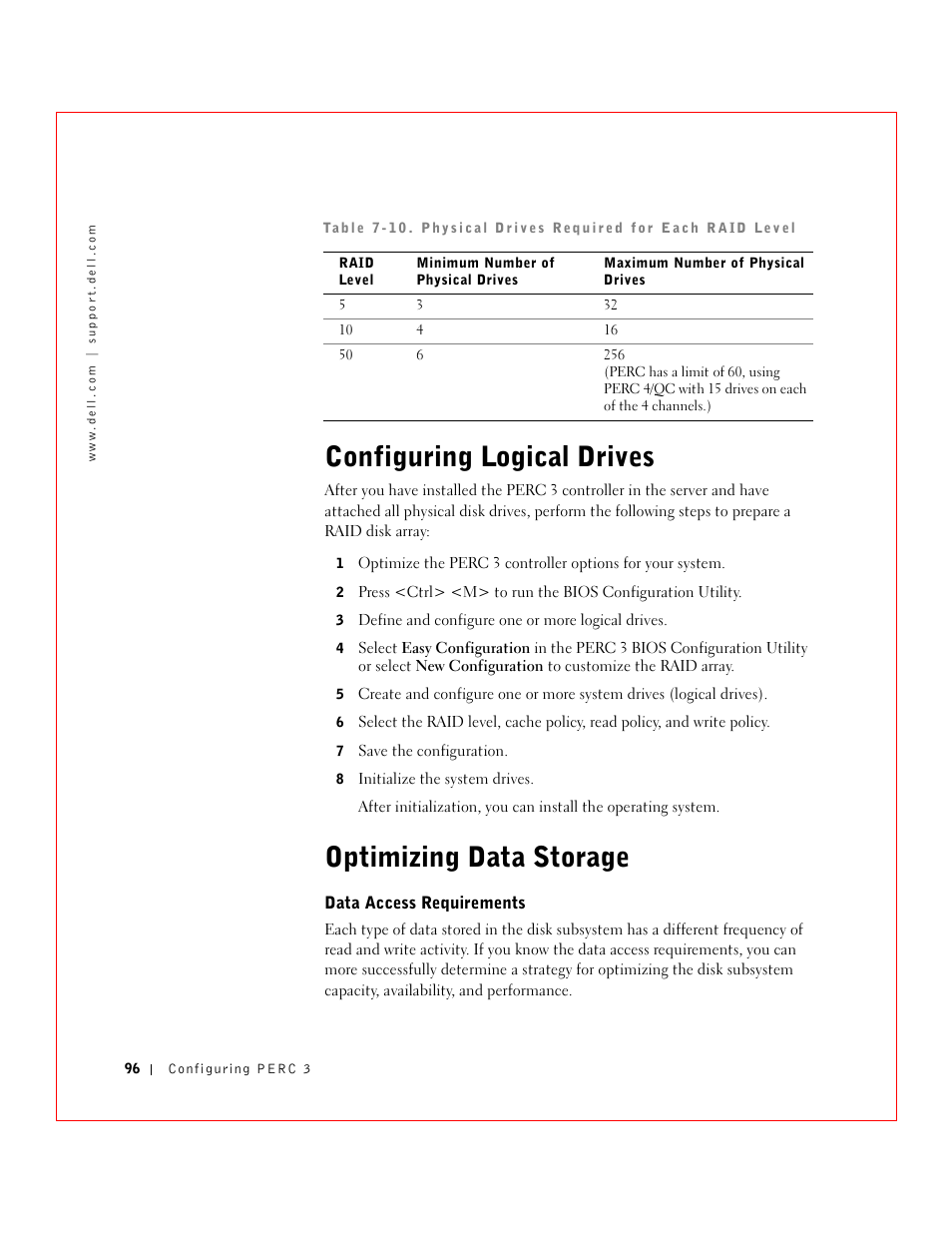 Configuring logical drives, Optimizing data storage | Dell 3 User Manual | Page 98 / 254