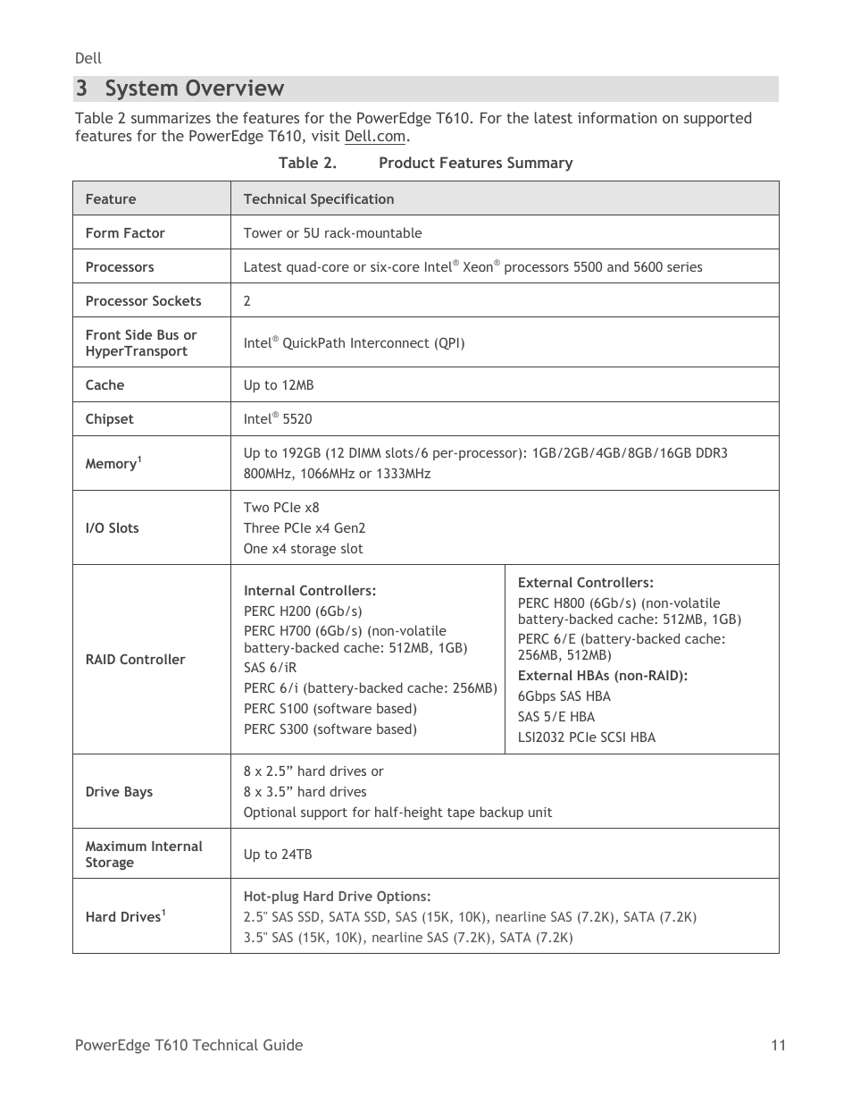 System overview, Table 2, Product features summary | 3 system overview | Dell PowerEdge T610 User Manual | Page 11 / 65