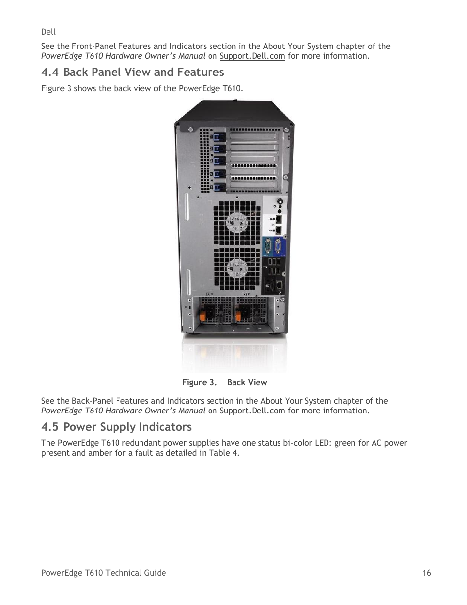 Back panel view and features, Power supply indicators, Table 4 | Power supply status, Figure 3, Back view, 4 back panel view and features, 5 power supply indicators | Dell PowerEdge T610 User Manual | Page 16 / 65