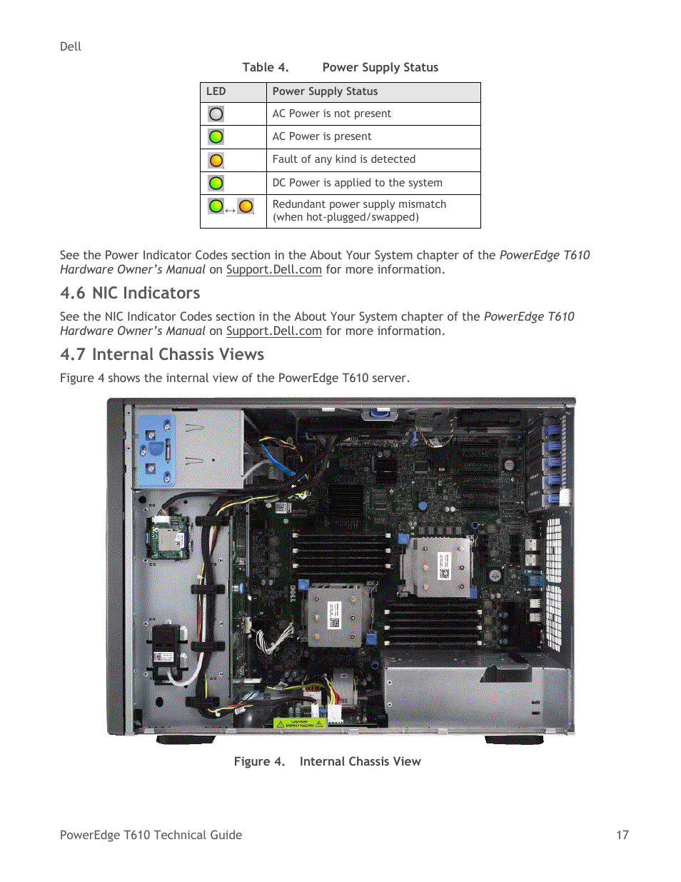 Nic indicators, Internal chassis views, Figure 4 | Internal chassis view, 6 nic indicators, 7 internal chassis views | Dell PowerEdge T610 User Manual | Page 17 / 65