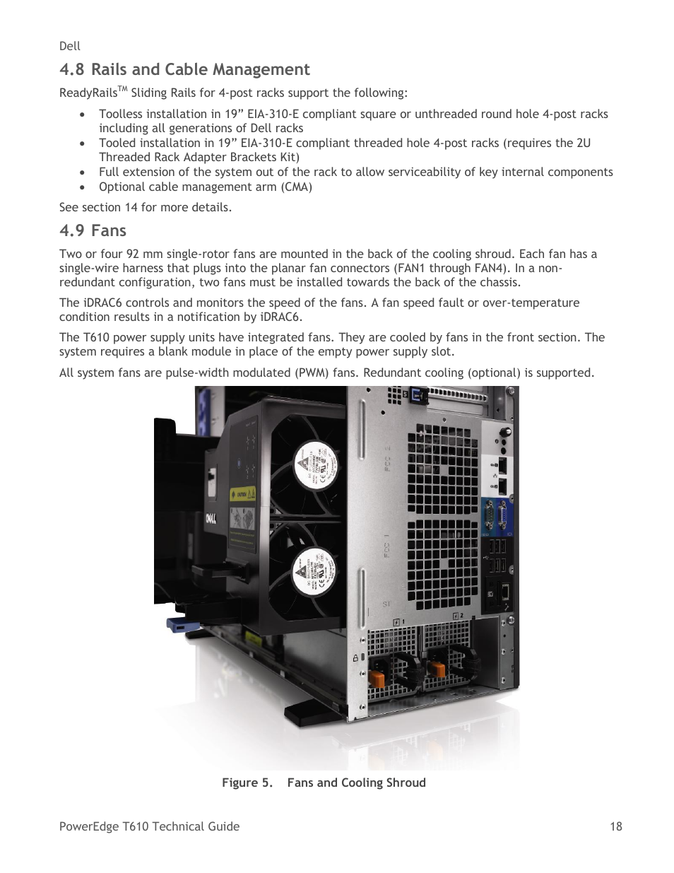 Rails and cable management, Fans, Figure 5 | Fans and cooling shroud, 8 rails and cable management, 9 fans | Dell PowerEdge T610 User Manual | Page 18 / 65