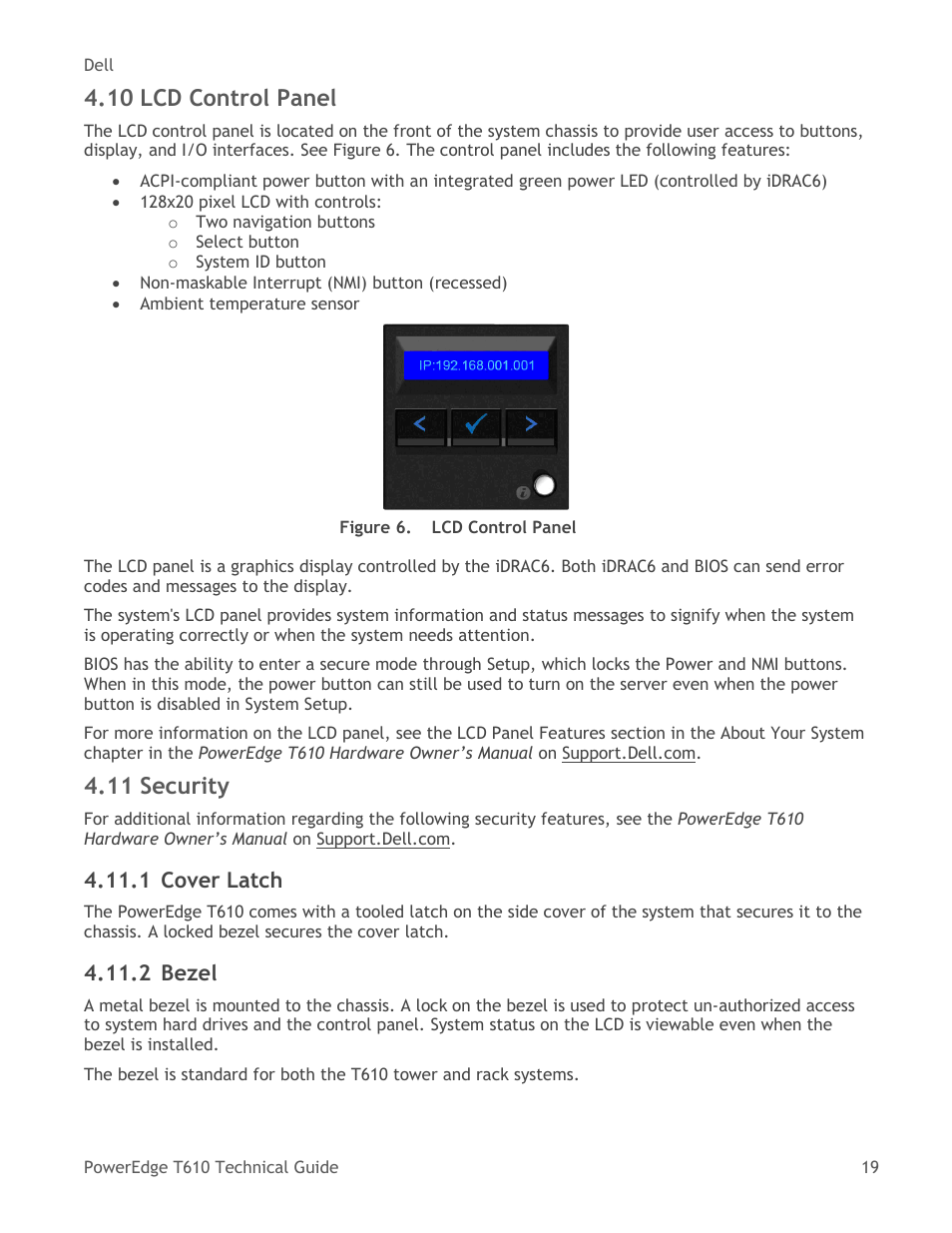 Lcd control panel, Security, Cover latch | Bezel, Figure 6, 10 lcd control panel, 11 security | Dell PowerEdge T610 User Manual | Page 19 / 65