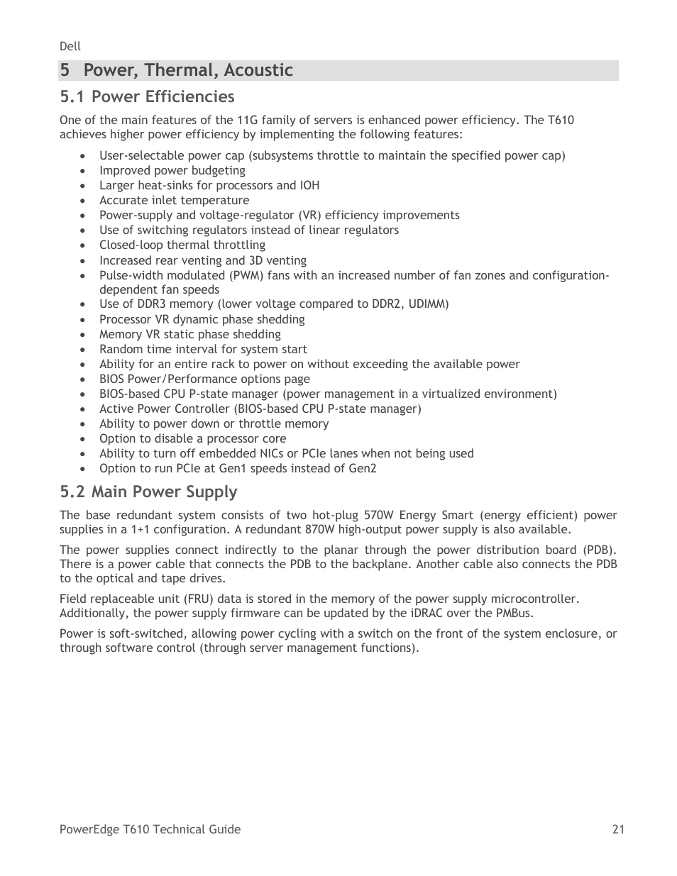 Power, thermal, acoustic, Power efficiencies, Main power supply | 5 power, thermal, acoustic, 1 power efficiencies, 2 main power supply | Dell PowerEdge T610 User Manual | Page 21 / 65
