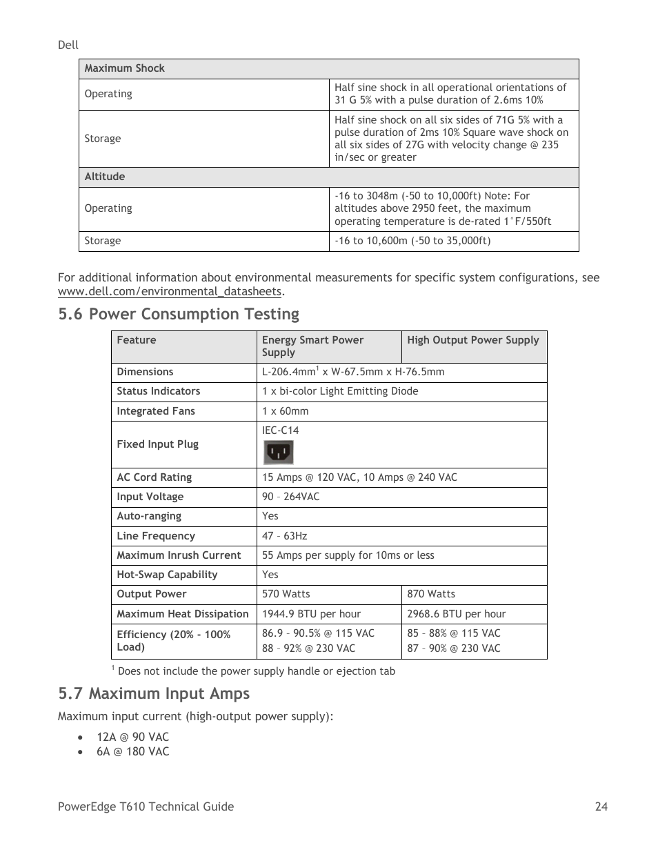 Power consumption testing, Maximum input amps, 6 power consumption testing | 7 maximum input amps | Dell PowerEdge T610 User Manual | Page 24 / 65