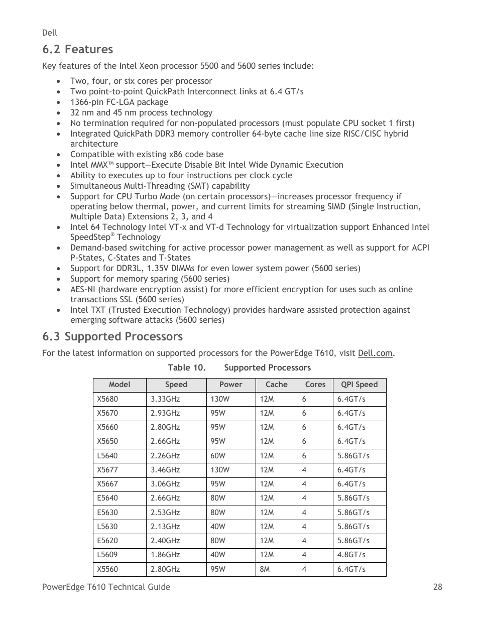 Features, Supported processors, Table 10 | 2 features, 3 supported processors | Dell PowerEdge T610 User Manual | Page 28 / 65