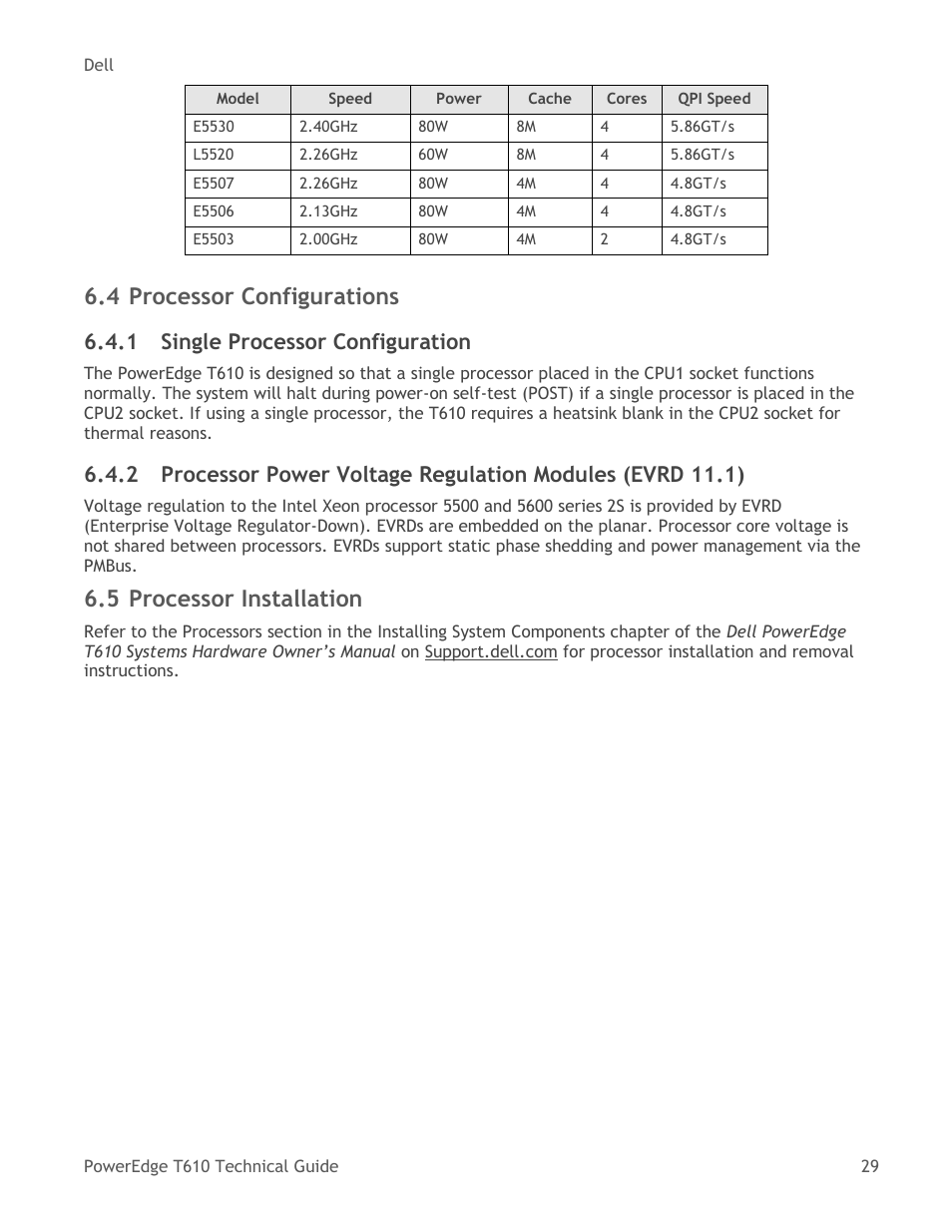 Processor configurations, Single processor configuration, Processor installation | Memory, 4 processor configurations, 5 processor installation, 1 single processor configuration | Dell PowerEdge T610 User Manual | Page 29 / 65