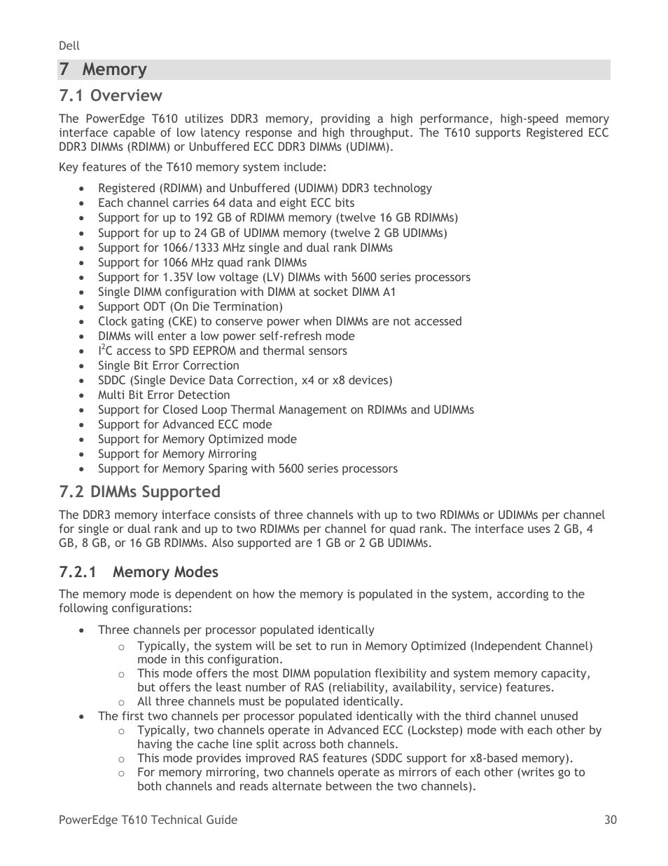 Overview, Dimms supported, Memory modes | 1 overview, 2 dimms supported | Dell PowerEdge T610 User Manual | Page 30 / 65