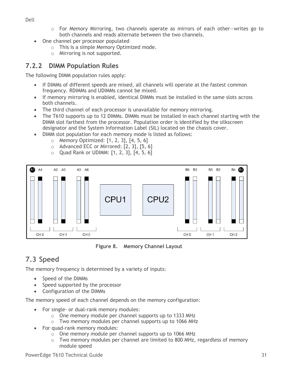 Dimm population rules, Speed, Figure 8 | Memory channel layout, 3 speed, 2 dimm population rules | Dell PowerEdge T610 User Manual | Page 31 / 65