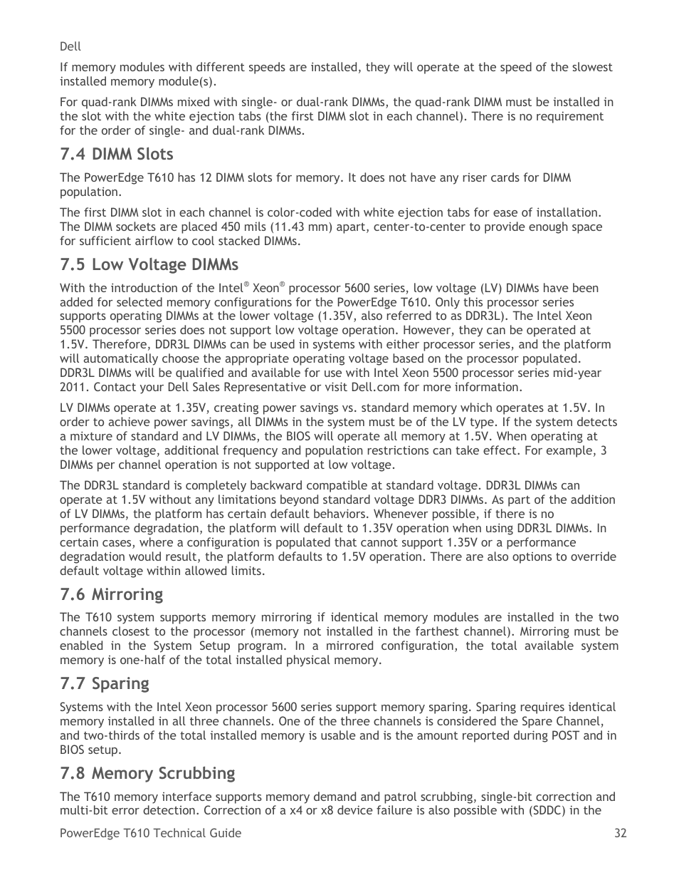 Dimm slots, Low voltage dimms, Mirroring | Sparing, Memory scrubbing, 4 dimm slots, 5 low voltage dimms, 6 mirroring, 7 sparing | Dell PowerEdge T610 User Manual | Page 32 / 65