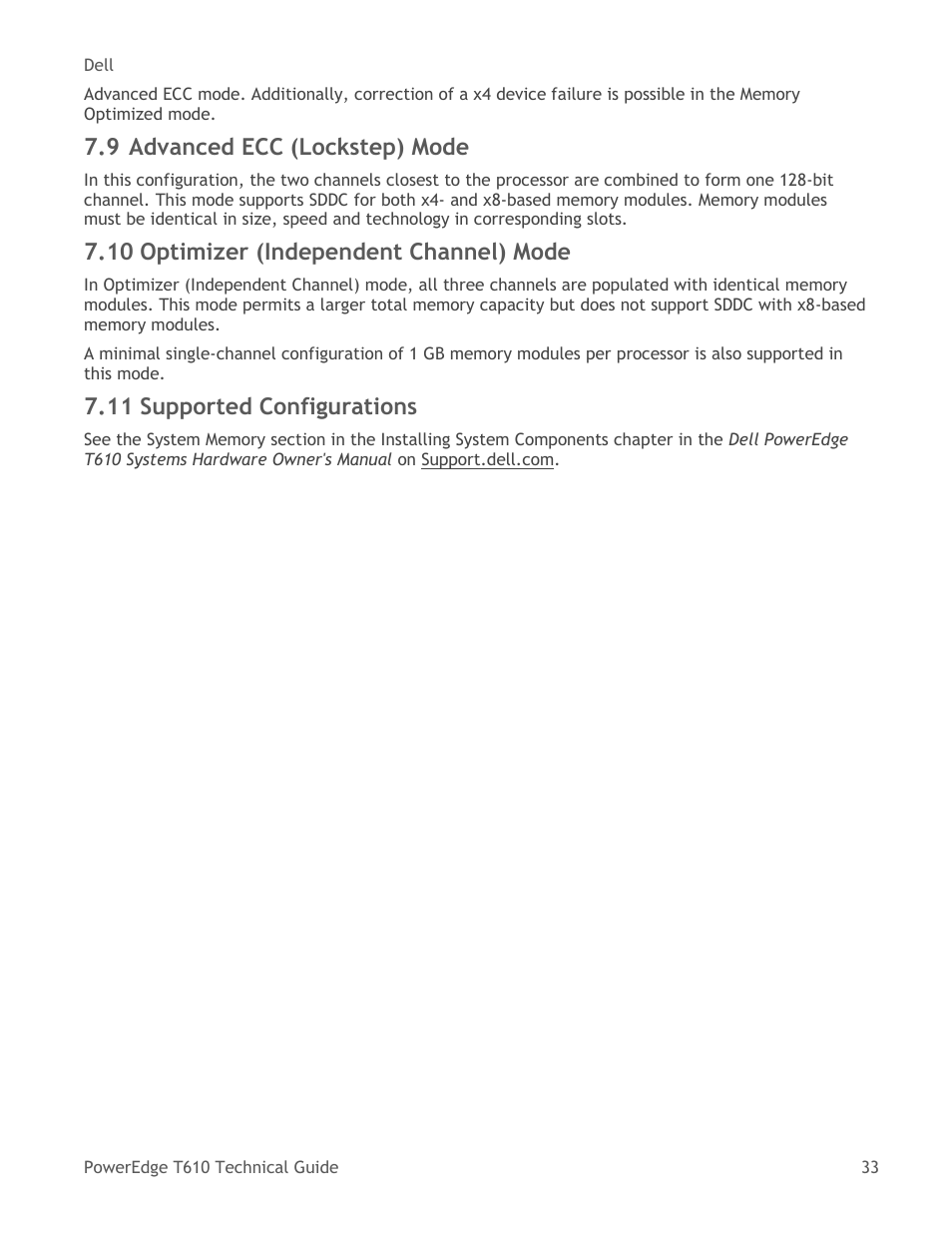 Advanced ecc (lockstep) mode, Optimizer (independent channel) mode, Supported configurations | 9 advanced ecc (lockstep) mode, 10 optimizer (independent channel) mode, 11 supported configurations | Dell PowerEdge T610 User Manual | Page 33 / 65