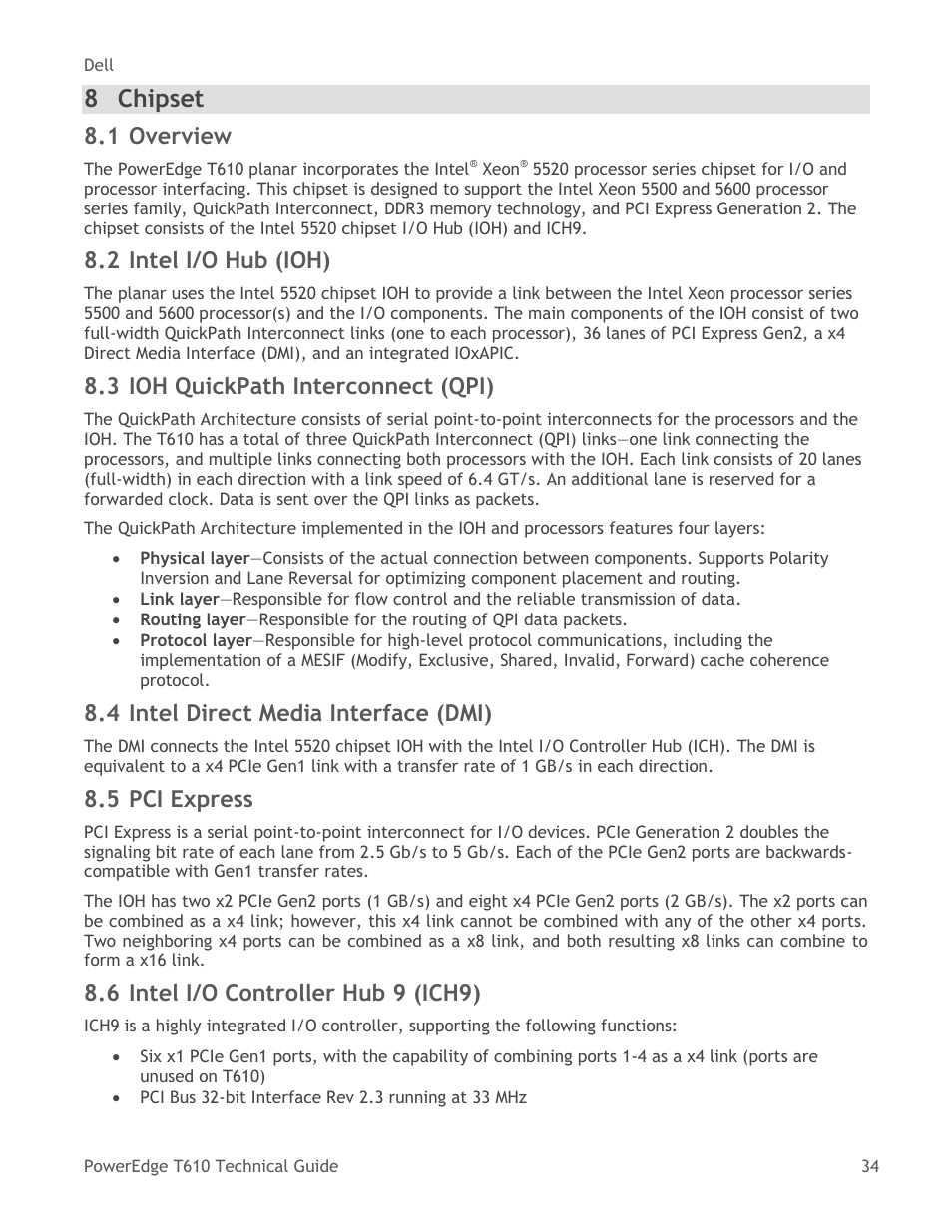 Chipset, Overview, Intel i/o hub (ioh) | Ioh quickpath interconnect (qpi), Intel direct media interface (dmi), Pci express, Intel i/o controller hub 9 (ich9), 8 chipset, 1 overview, 2 intel i/o hub (ioh) | Dell PowerEdge T610 User Manual | Page 34 / 65