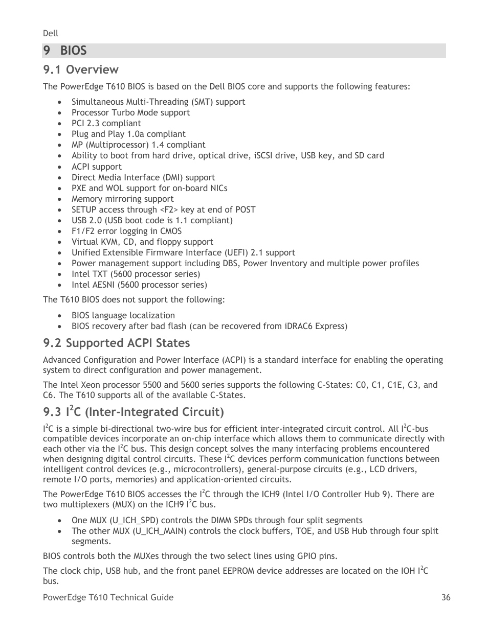 Bios, Overview, Supported acpi states | C (inter-integrated circuit), 9 bios, 1 overview, 2 supported acpi states | Dell PowerEdge T610 User Manual | Page 36 / 65