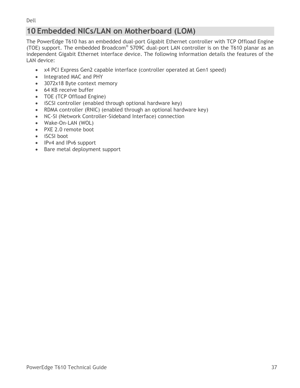 Embedded nics/lan on motherboard (lom), 10 embedded nics/lan on motherboard (lom) | Dell PowerEdge T610 User Manual | Page 37 / 65