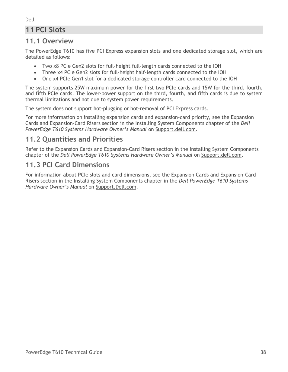 Pci slots, Overview, Quantities and priorities | Pci card dimensions, 11 pci slots, 1 overview, 2 quantities and priorities, 3 pci card dimensions | Dell PowerEdge T610 User Manual | Page 38 / 65