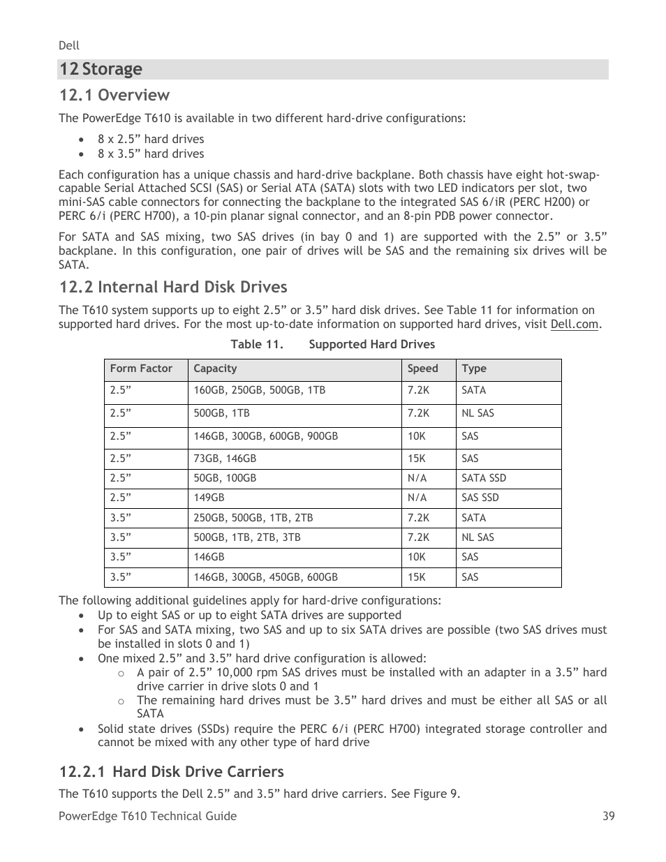 Storage, Overview, Internal hard disk drives | Hard disk drive carriers, Table 11, Supported hard drives, 12 storage, 1 overview, 2 internal hard disk drives, 1 hard disk drive carriers | Dell PowerEdge T610 User Manual | Page 39 / 65