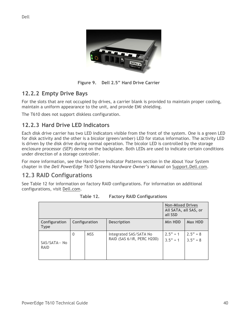 Empty drive bays, Hard drive led indicators, Raid configurations | Table 12, Factory raid configurations, Figure 9, Dell 2.5‖ hard drive carrier, 3 raid configurations, 2 empty drive bays, 3 hard drive led indicators | Dell PowerEdge T610 User Manual | Page 40 / 65