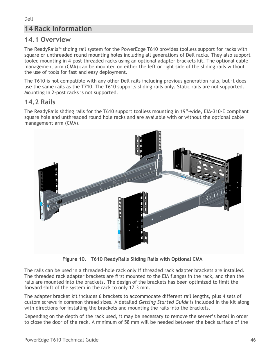 Rack information, Overview, Rails | Figure 10, T610 readyrails sliding rails with optional cma, 14 rack information, 1 overview, 2 rails | Dell PowerEdge T610 User Manual | Page 46 / 65