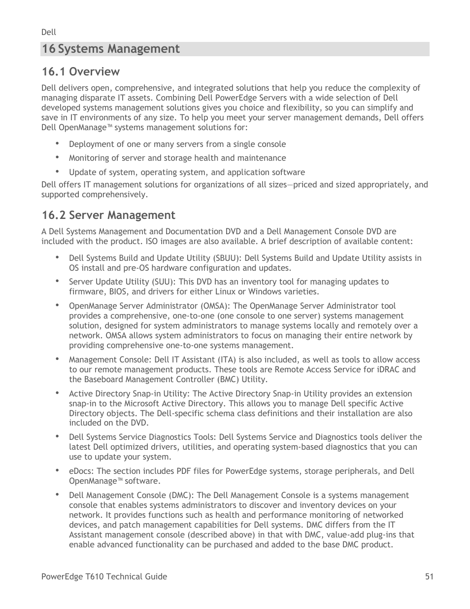 Systems management, Overview, Server management | 16 systems management, 1 overview, 2 server management | Dell PowerEdge T610 User Manual | Page 51 / 65