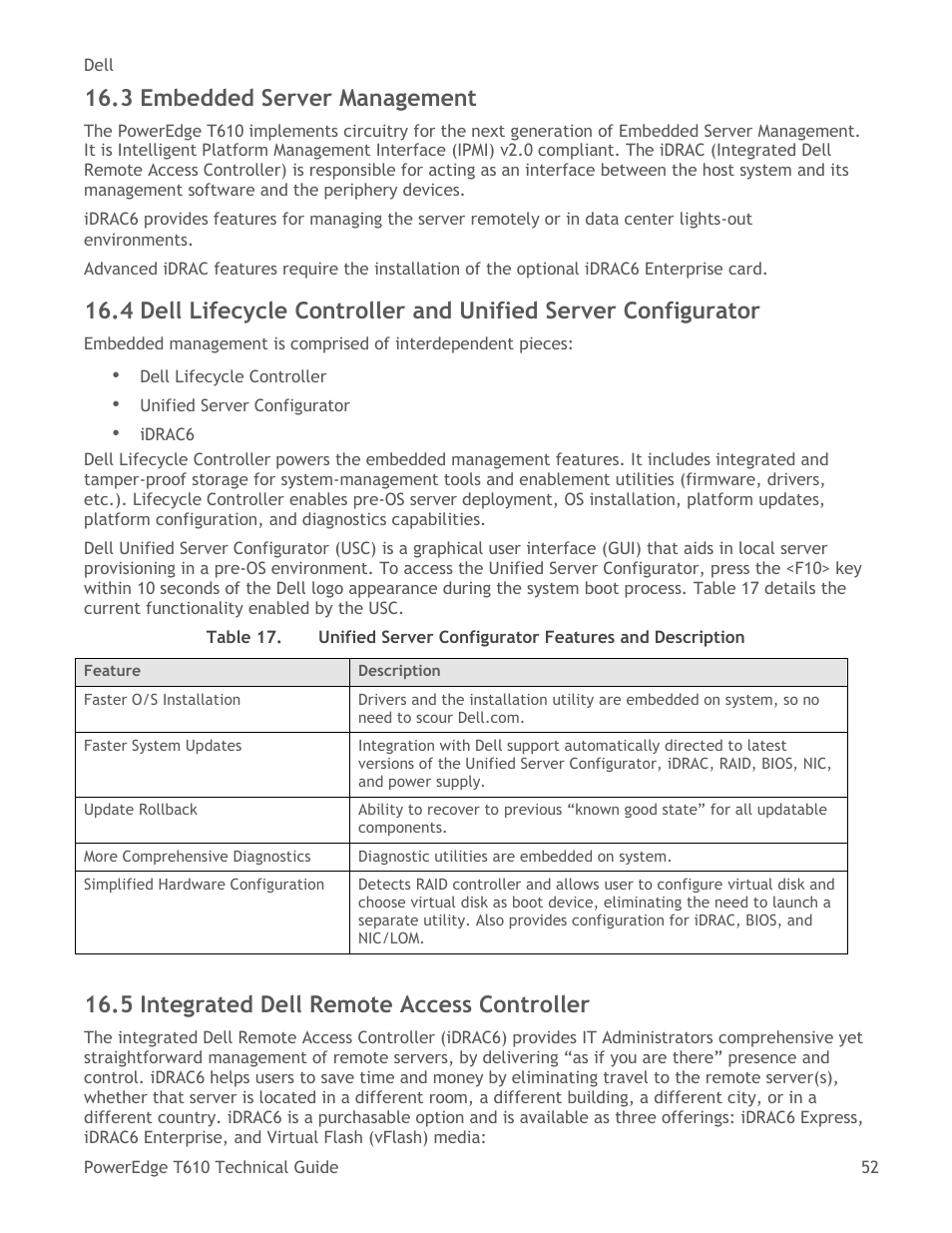 Embedded server management, Integrated dell remote access controller, Table 17 | 3 embedded server management, 5 integrated dell remote access controller | Dell PowerEdge T610 User Manual | Page 52 / 65