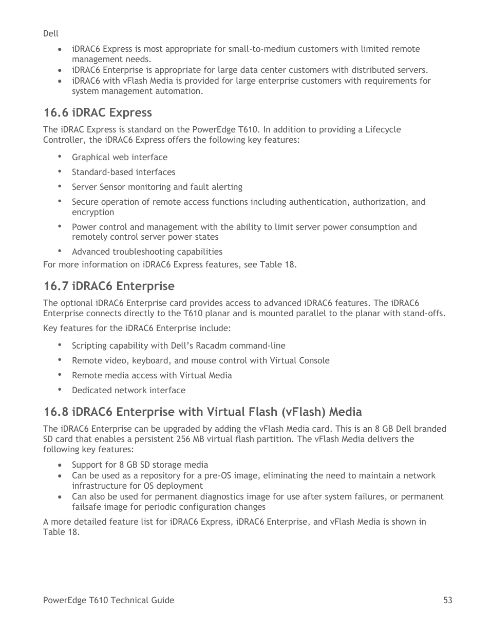 Idrac express, Idrac6 enterprise, Table 18 | 6 idrac express, 7 idrac6 enterprise | Dell PowerEdge T610 User Manual | Page 53 / 65