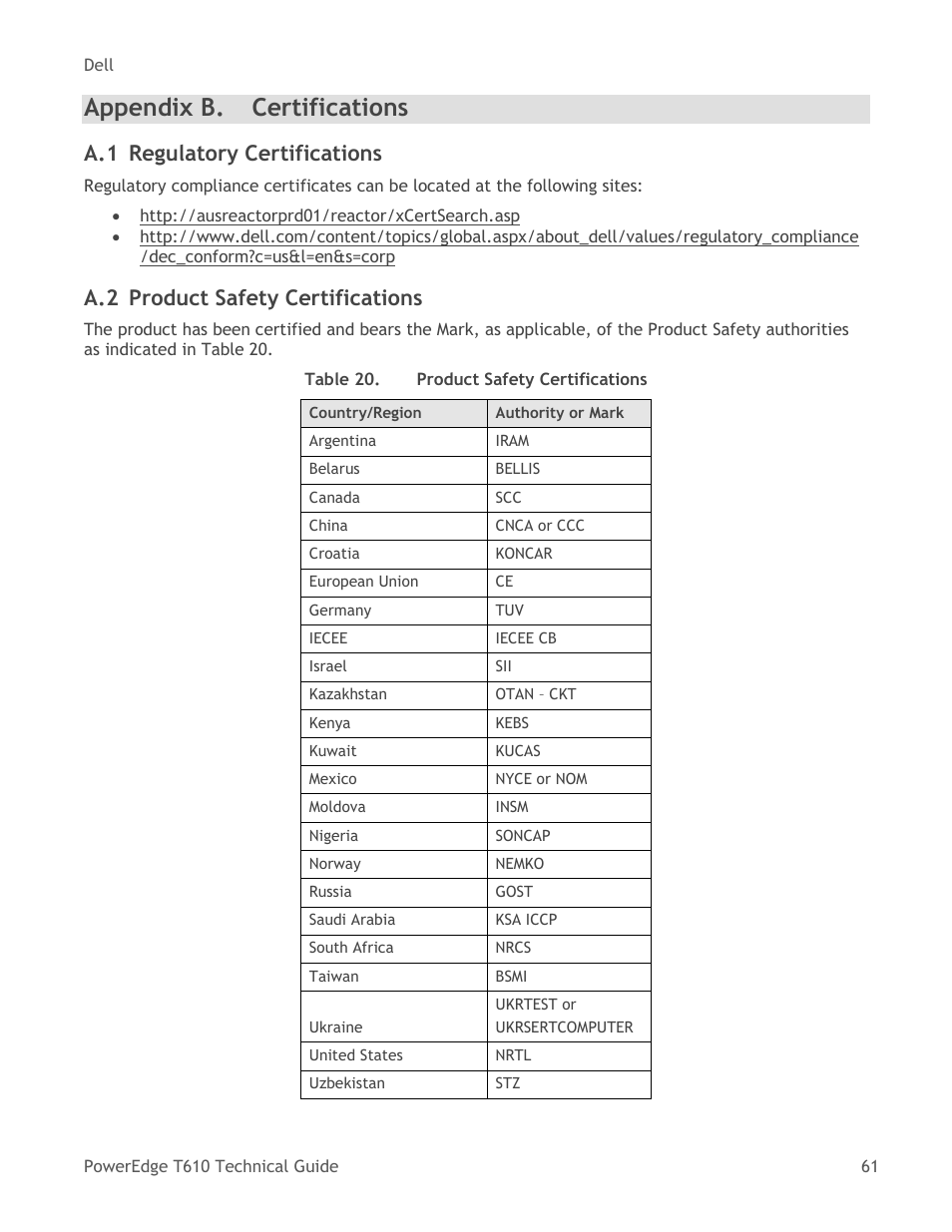 Appendix b, Certifications, Regulatory certifications | Product safety certifications, Table 20, Appendix b. certifications, A.1 regulatory certifications, A.2 product safety certifications | Dell PowerEdge T610 User Manual | Page 61 / 65