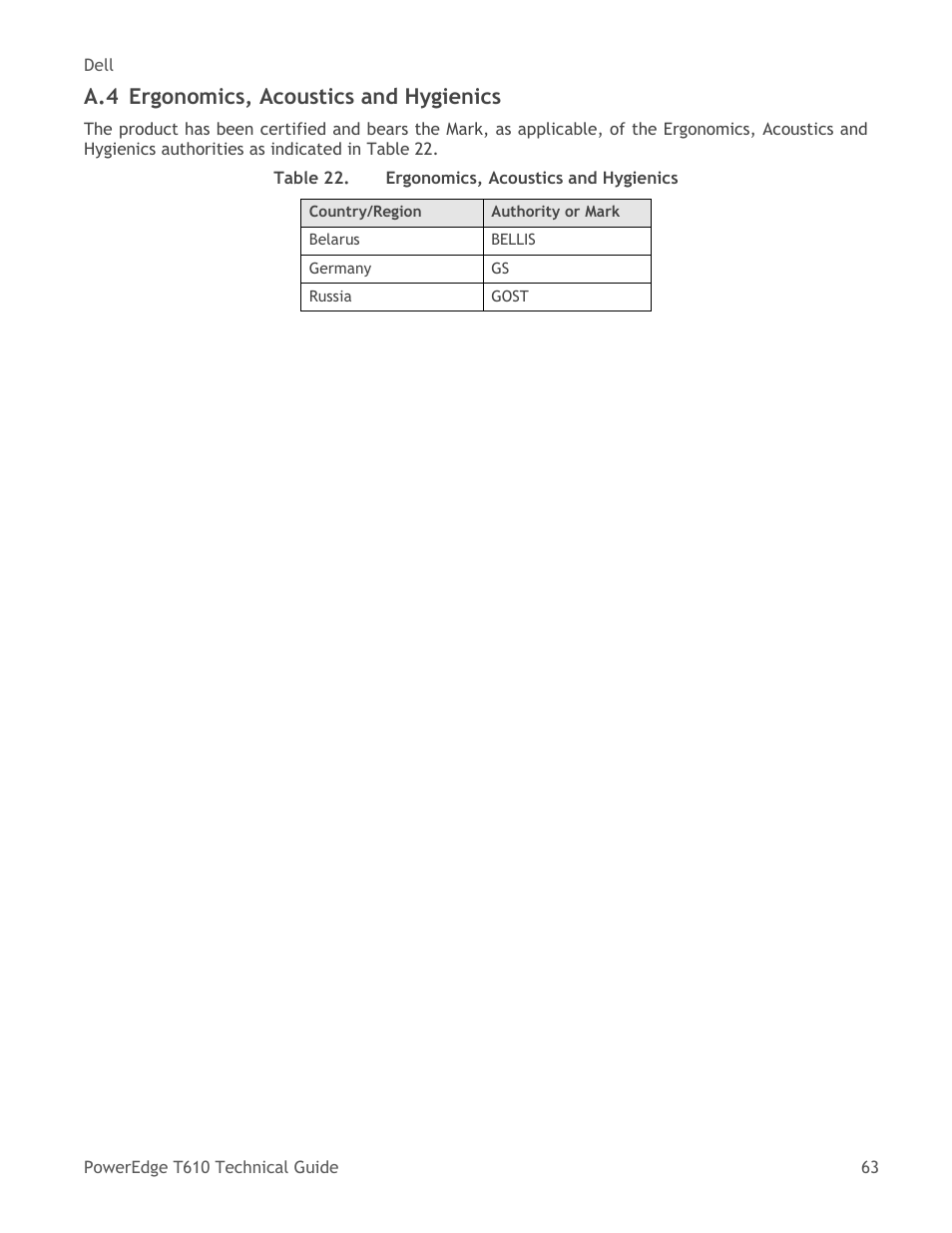 Ergonomics, acoustics and hygienics, Table 22, A.4 ergonomics, acoustics and hygienics | Dell PowerEdge T610 User Manual | Page 63 / 65