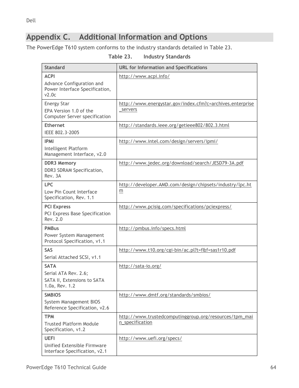 Appendix c, Additional information and options, Table 23 | Industry standards, Appendix c. additional information and options | Dell PowerEdge T610 User Manual | Page 64 / 65