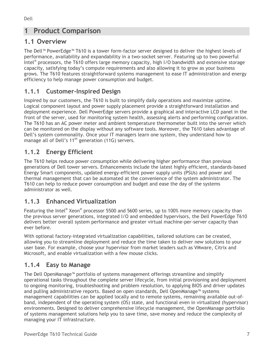 Product comparison, Overview, Customer-inspired design | Energy efficient, Enhanced virtualization, Easy to manage, 1 product comparison, 1 overview, 1 customer-inspired design, 2 energy efficient | Dell PowerEdge T610 User Manual | Page 7 / 65