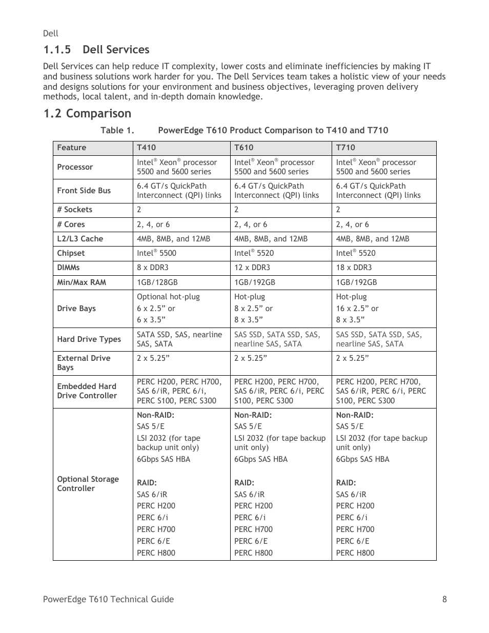 Dell services, Comparison, Table 1 | Poweredge t610 product comparison to t410 and t710, 2 comparison, 5 dell services | Dell PowerEdge T610 User Manual | Page 8 / 65