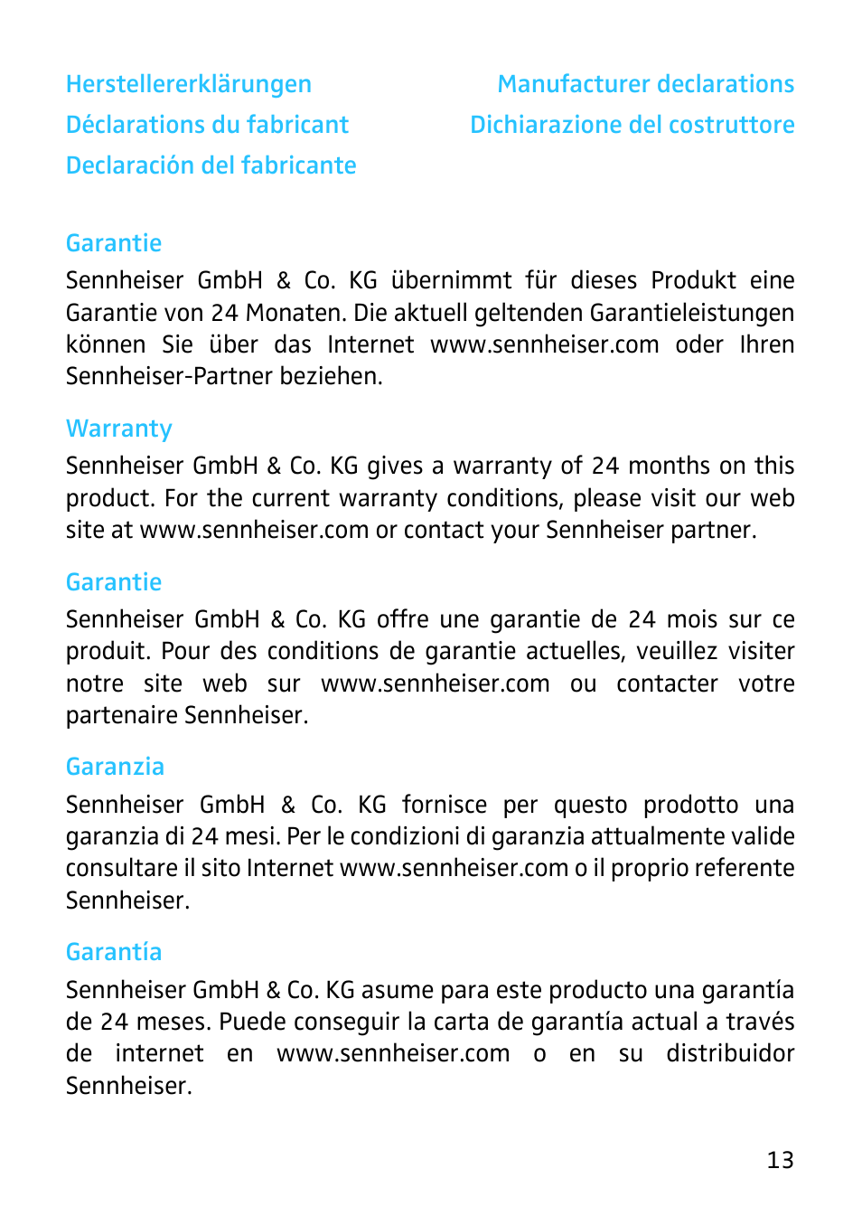 Herstellererklärungen, Manufacturer declarations, Déclarations du fabricant | Dichiarazione del costruttore, Declaración del fabricante | Sennheiser MKE 40 - Cardioid Lavalier Microphone with Hardwired 1/8" TRS Connector for EW Series Bodypack Transmitter User Manual | Page 15 / 20