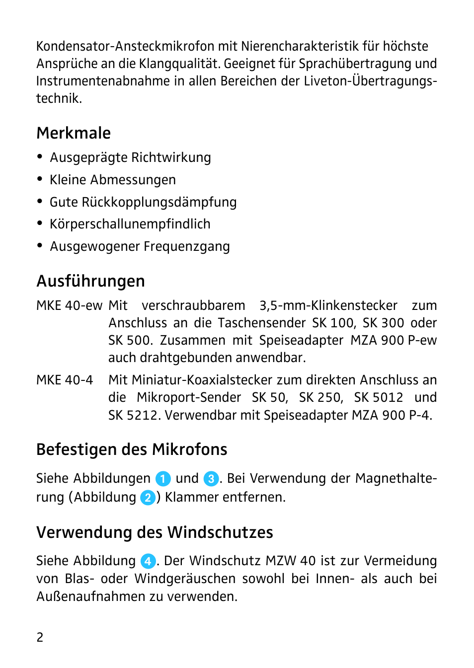 Bedienungsanleitung, Merkmale, Ausführungen | Befestigen des mikrofons, Verwendung des windschutzes | Sennheiser MKE 40 - Cardioid Lavalier Microphone with Hardwired 1/8" TRS Connector for EW Series Bodypack Transmitter User Manual | Page 4 / 20