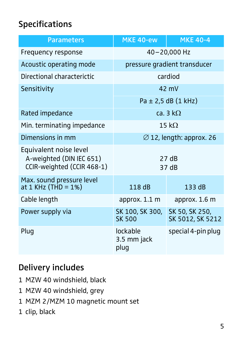 Specifications, Delivery includes, Specifications delivery includes | Sennheiser MKE 40 - Cardioid Lavalier Microphone with Hardwired 1/8" TRS Connector for EW Series Bodypack Transmitter User Manual | Page 7 / 20