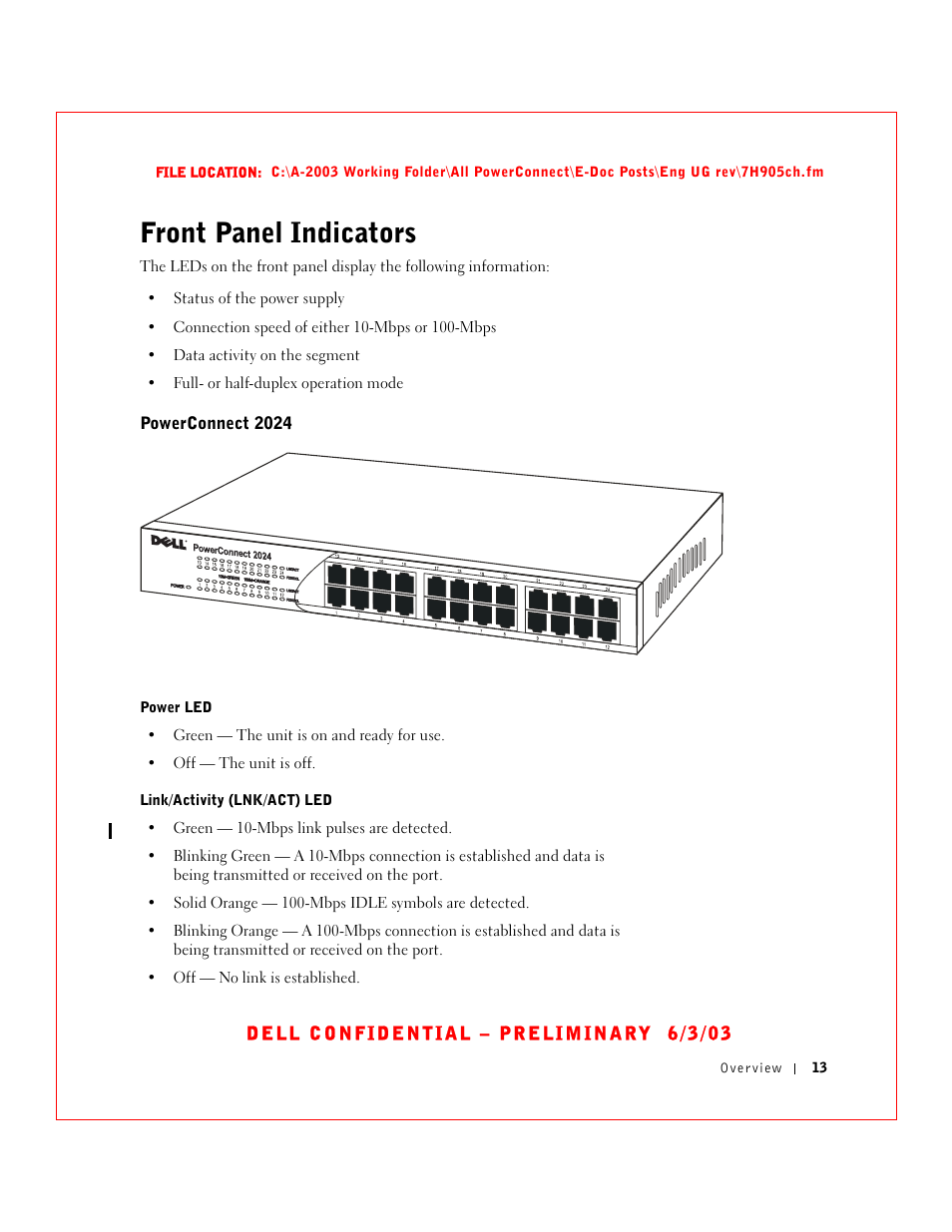 Front panel indicators, Powerconnect 2024 | Dell PowerConnect 2016 User Manual | Page 13 / 46