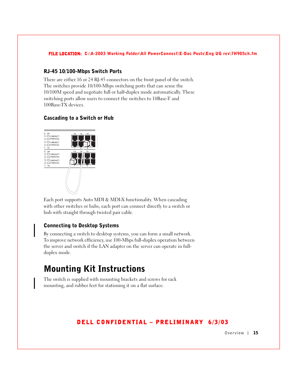 Rj-45 10/100-mbps switch ports, Cascading to a switch or hub, Connecting to desktop systems | Mounting kit instructions | Dell PowerConnect 2016 User Manual | Page 15 / 46