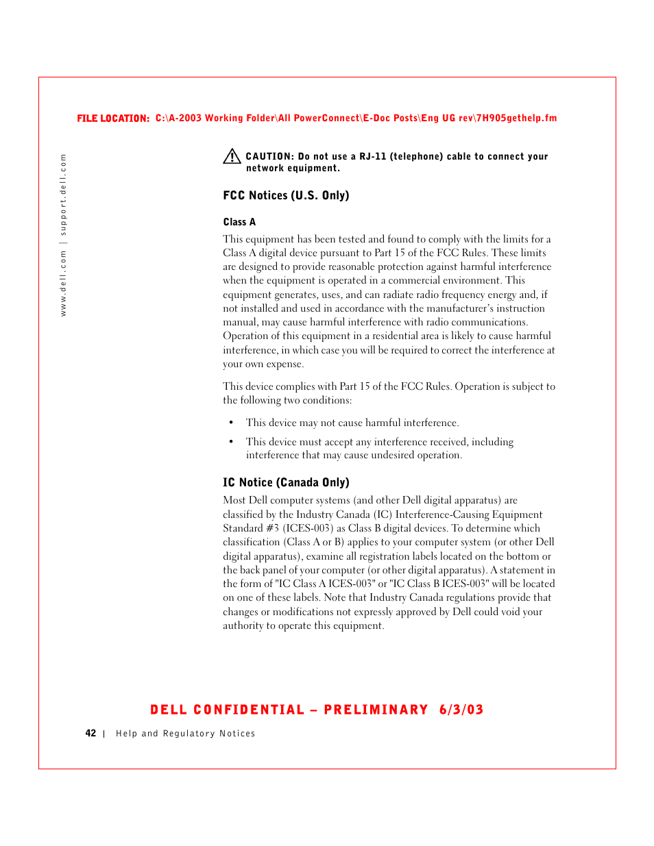 Fcc notices (u.s. only), Ic notice (canada only) | Dell PowerConnect 2016 User Manual | Page 42 / 46