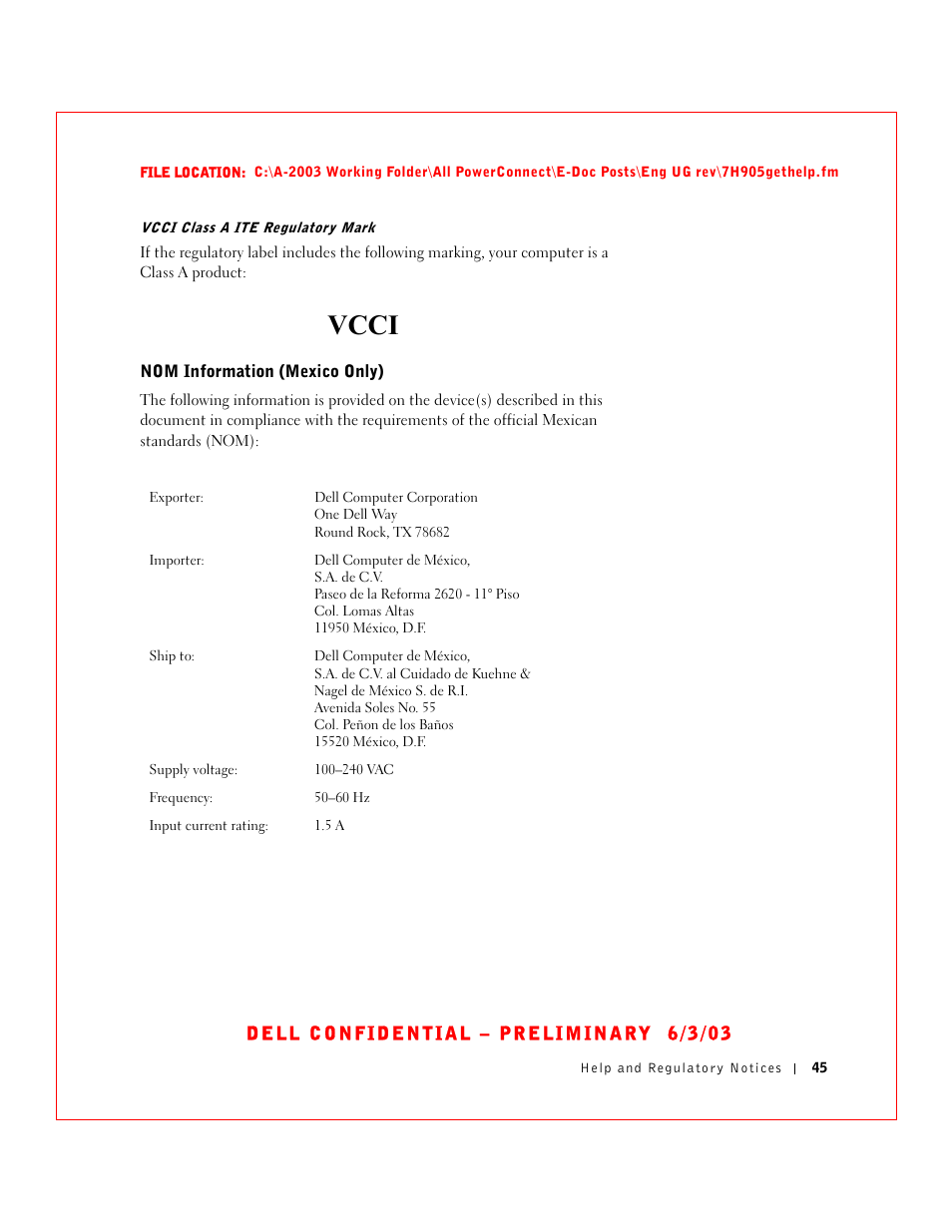 Nom information (mexico only), Vcci | Dell PowerConnect 2016 User Manual | Page 45 / 46