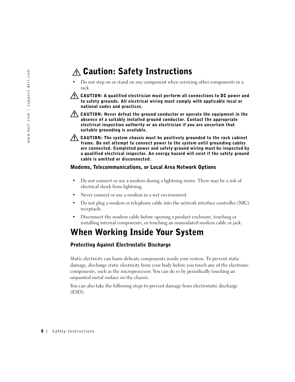 Protecting against electrostatic discharge, When working inside your system, Caution: safety instructions | Dell PowerConnect 2016 User Manual | Page 8 / 46